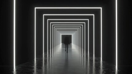 Wall Mural - Silhouette of a Person Walking Through a Glowing Geometric Neon Light Tunnel