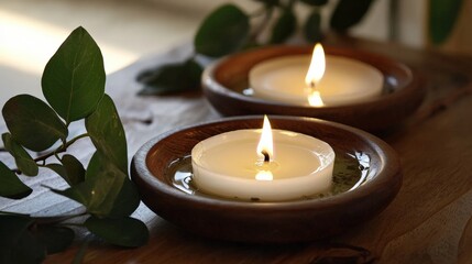 Two Burning Candles Floating in Water with Green Leaves in Wooden Bowls on a Wooden Tabletop