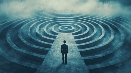 A man in a business suit stands at the entrance to an endless tall labyrinth, symbolizing difficulty and complex mechanics.