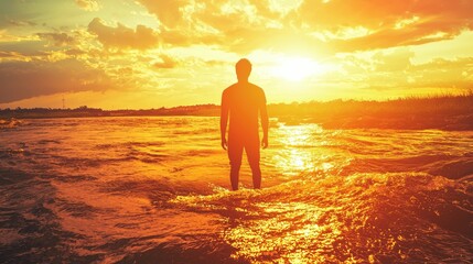 Poster - A man who turns into a river in the background a landscape of sun and wind