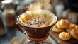 © ThuyTrang - Close-up of artisan pour-over coffee brewing, steam rising from the handcrafted ceramic mug, fresh pastries on the side, soft natural light illuminating the scene,