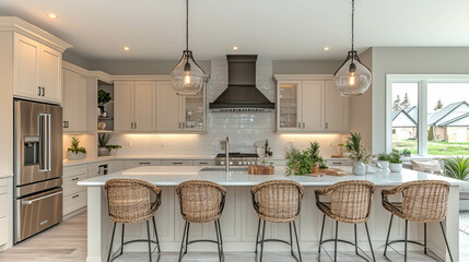 A large open kitchen with a lot of counter space and a lot of natural light