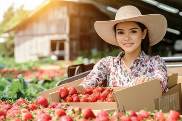 Asian female farmer shows strawberries after picking them from her garden. She wears a wide-brimmed hat and a floral top. Smiling and looking at the camera. Agribusiness concept. Generative AI