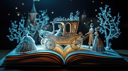 Wall Mural - A paper cutout of Cinderella's carriage on an open book, with the characters standing beside it in their magical attire, illuminated by soft light
