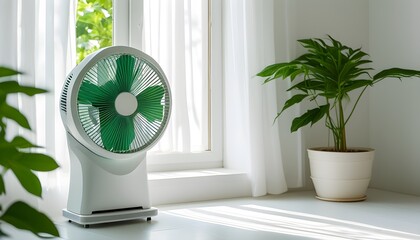 Fresh breeze from a leafy fan in a bright white room by the window