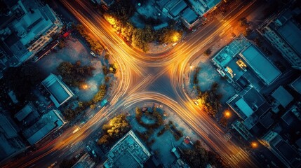 Wall Mural - Aerial view of a busy intersection illuminated by streetlights at night.