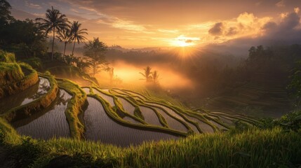 Wall Mural - Serene sunrise over terraced rice fields in a lush landscape.