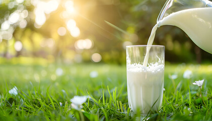 Pouring tasty fresh milk from jug into glass on green grass outdoors, closeup. Space for text