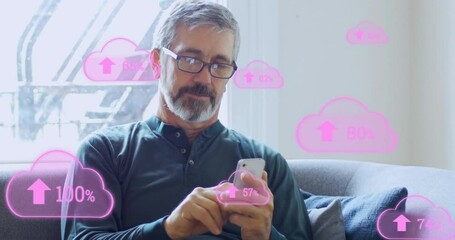 Poster - Animation of clouds with growing numbers over caucasian man using smartphone