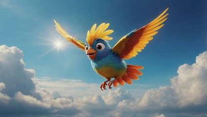 Cheerful cartoon bird with bright wings flies through the sky, wearing a big smile.