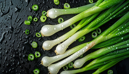 Poster - Fresh green spring onions with water drops as background, top view