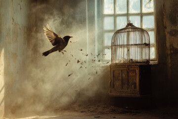 a bird flying away from an empty birdcage symbolizes freedom and escape. dusty room and soft light c