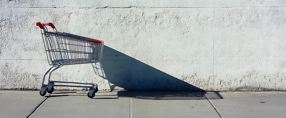 a shopping cart with a long shadow on a white wall.