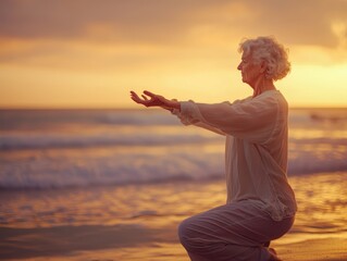 Senior woman practicing tai chi during golden sunset at the beach