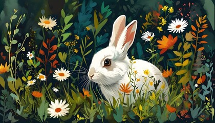 Whimsical white rabbit nestled in vibrant grass surrounded by colorful flowers and lush green leaves.