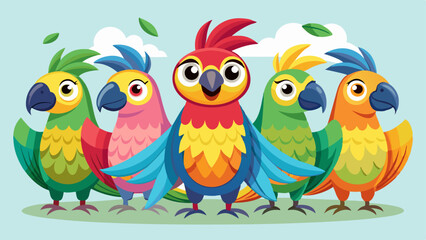 Parrot with bright colorful feathers. Cartoon vector illustration set of cute tropical birds standing. Exotic jungle pink, yellow and green birdie with beak and wings. Wild cheerful animal mascot.