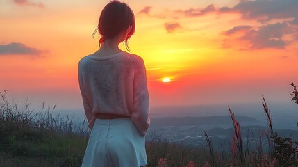 A model in a soft summer knit standing on a hilltop, silhouetted by a glowing orange and pink sunset, the horizon stretching behind her, the light gently highlighting the fabric of her knit,