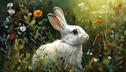 Wall Mural - Whimsical white rabbit nestled in vibrant grass surrounded by colorful flowers and lush green leaves.