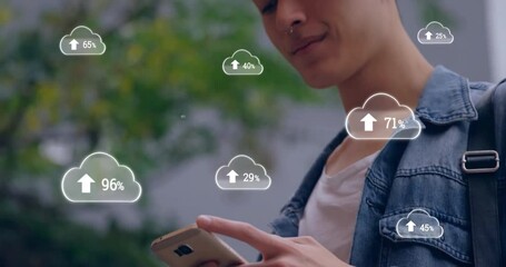 Poster - Animation of clouds with growing numbers over biracial man using smartphone