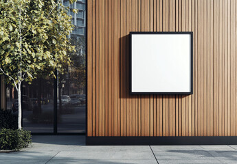 Wall Mural - A blank white square wall sign on the side of an outdoor modern wooden building facade. 