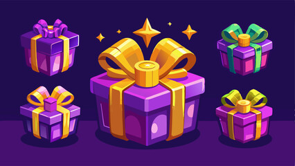 Game ui icons of gift boxes. Present packages, purple wrap with gold ribbon and bow for level rewards, prize, bonus or surprise, vector cartoon set isolated on background