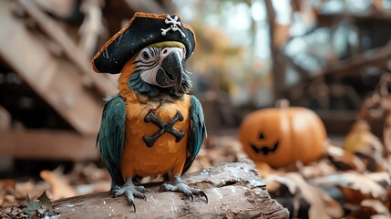 parrot wearing a pirate hat and eye patch on a halloweenthemed perch, pirate parrot, halloween bird 