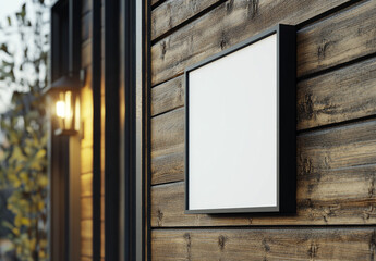 Wall Mural - A blank white square wall sign on the side of an outdoor modern wooden building facade. 