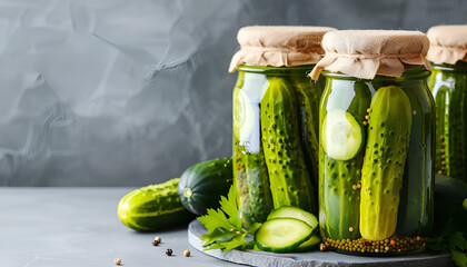 Pickled cucumbers in jars on grey table