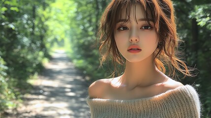 Wall Mural - A model in a summer knit walking through a dense forest, the path ahead illuminated by dappled sunlight, her knit glowing softly in the natural light, surrounded by the serenity of the forest .