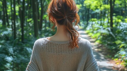 Wall Mural - A model in a summer knit walking through a dense forest, the path ahead illuminated by dappled sunlight, her knit glowing softly in the natural light, surrounded by the serenity of the forest .