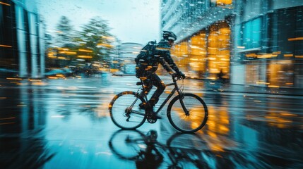 Poster - A cyclist rides through a rainy city, capturing motion and urban life.