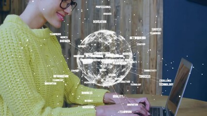 Poster - Animation of globe with connections and texts over caucasian woman using laptop