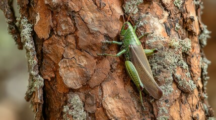 Wall Mural - Green Grasshopper on Tree Bark