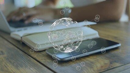 Canvas Print - Animation of globe with connections and icons over biracial woman using laptop