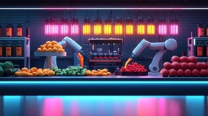 A futuristic food production line with glowing robotic arms assembling colorful packaging, Digital Art, Neon lights, Sci-fi