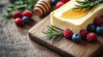 Block of artisanal butter with honey, surrounded by fresh blueberries, raspberries, and rosemary on a rustic wooden board, showcasing a perfect balance of sweet and savory flavors