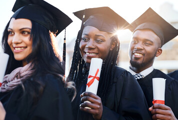 Wall Mural - Success, smile and group of students at graduation with certificate, achievement award and education. Opportunity, women and men with diploma, diversity or happy university friends on campus together