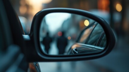 A car's side mirror reflecting pedestrians on a blurred street during twilight.