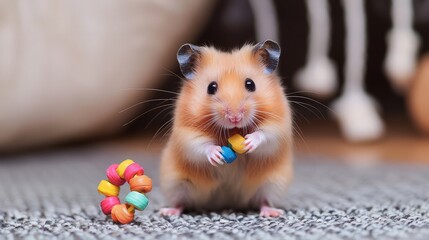 Cute Hamster Playing With Colorful Beads