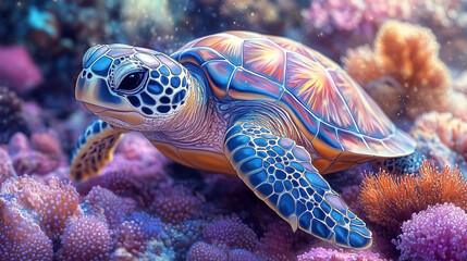 Wall Mural - sea turtle swimming in coral reef