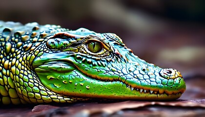 Intricate patterns of textured alligator skin and vibrant hues of a green lizards skin in stunning close-up detail