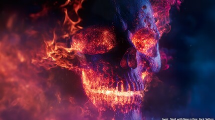 Epic scene featuring a neon skull with glowing bones and flames in a dark setting.