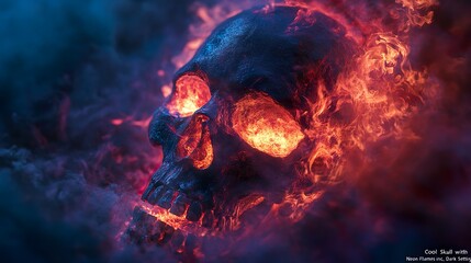 Dark dramatic scene featuring a neon skull with fiery flames and glowing bones.