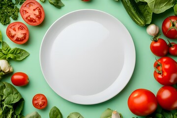 A white plate with a green background