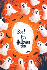 Wall Mural - Lettering Boo! It's Halloween time for card. Festive halloween design with ghosts and bats on vibrant orange background