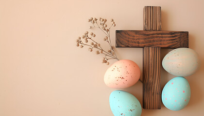 Wooden cross and painted Easter eggs on beige background