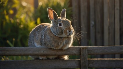 Curious grey rabbit peeks from behind a wooden fence, bathed in warm afternoon sunlight.