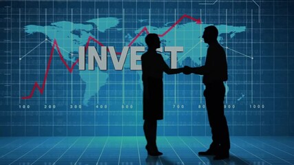 Poster - Animation of colleagues silhouettes over invest text with data processing and world map