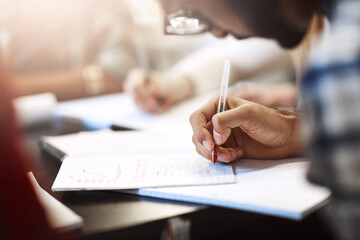 Poster - Writing, learning or hand of person in college for education, notes or accounting course. Student, books or studying at table for exam preparation, finance assignment or lesson on stats in university
