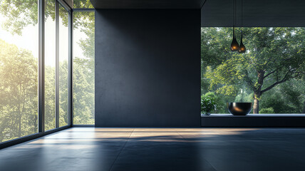 Modern  empty room with windows and black concrete walls architecture building flooring. 